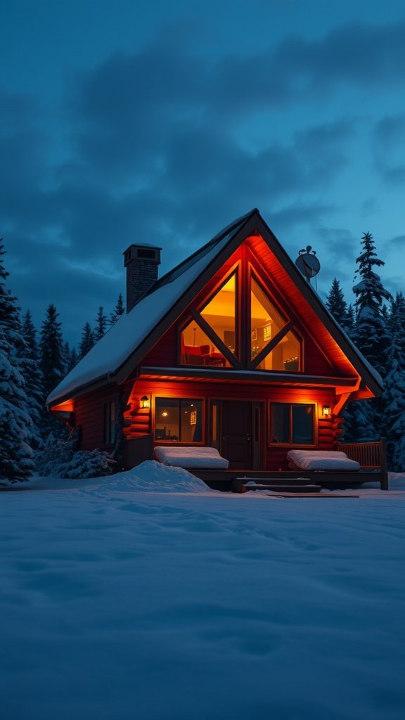 A charming A-frame cabin with warm lights glowing from its windows, set in a snowy landscape during dusk.