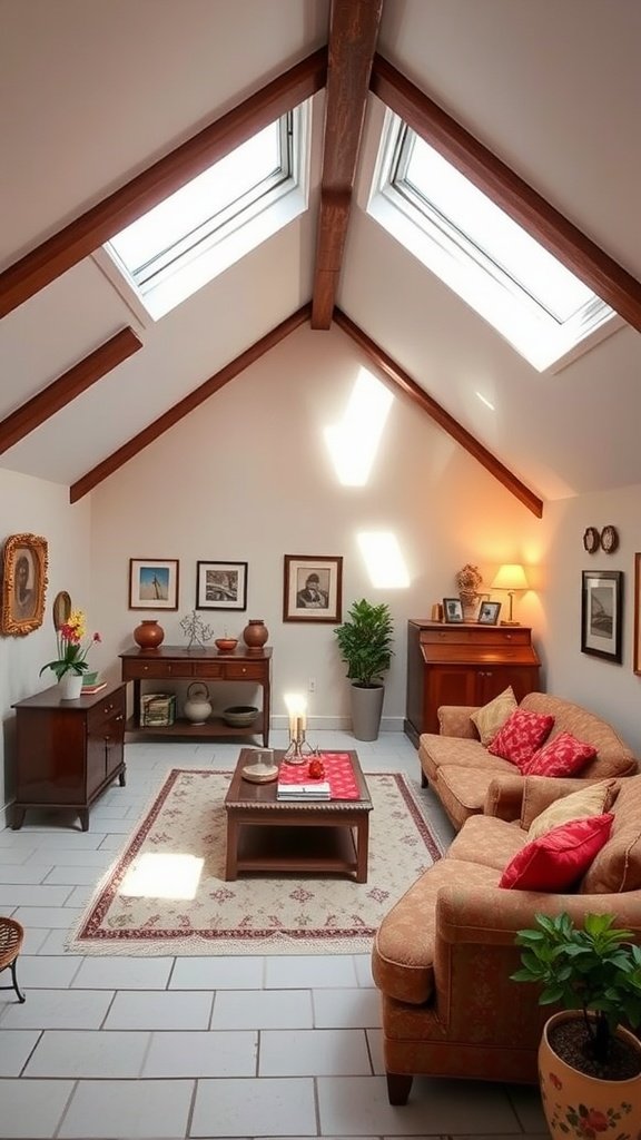 A cozy attic living space with skylights, wooden beams, and comfortable furniture.