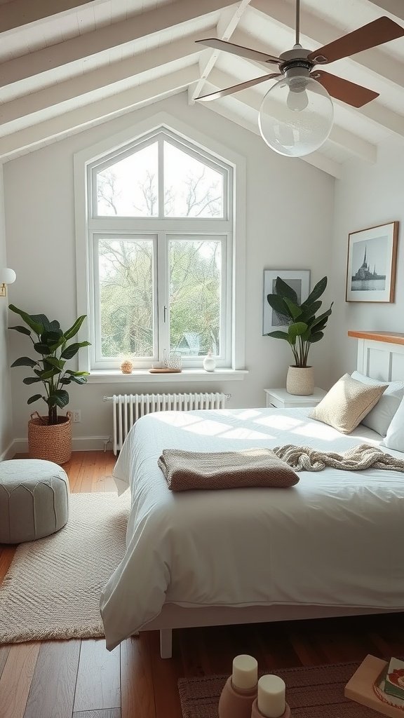 Charming modern cottage bedroom with large window, plants, and cozy decor