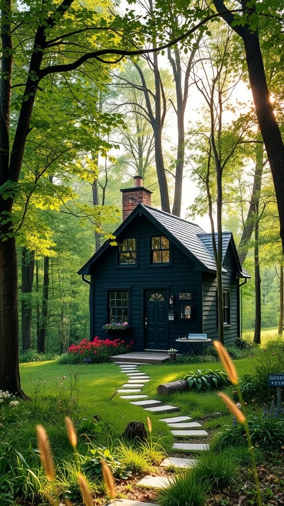 Charming black cottage surrounded by trees and greenery