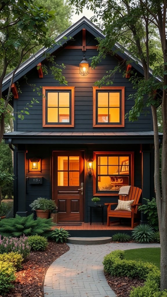 A charming black cottage with warm lights glowing from its windows, a lovely garden, and inviting porch furniture.