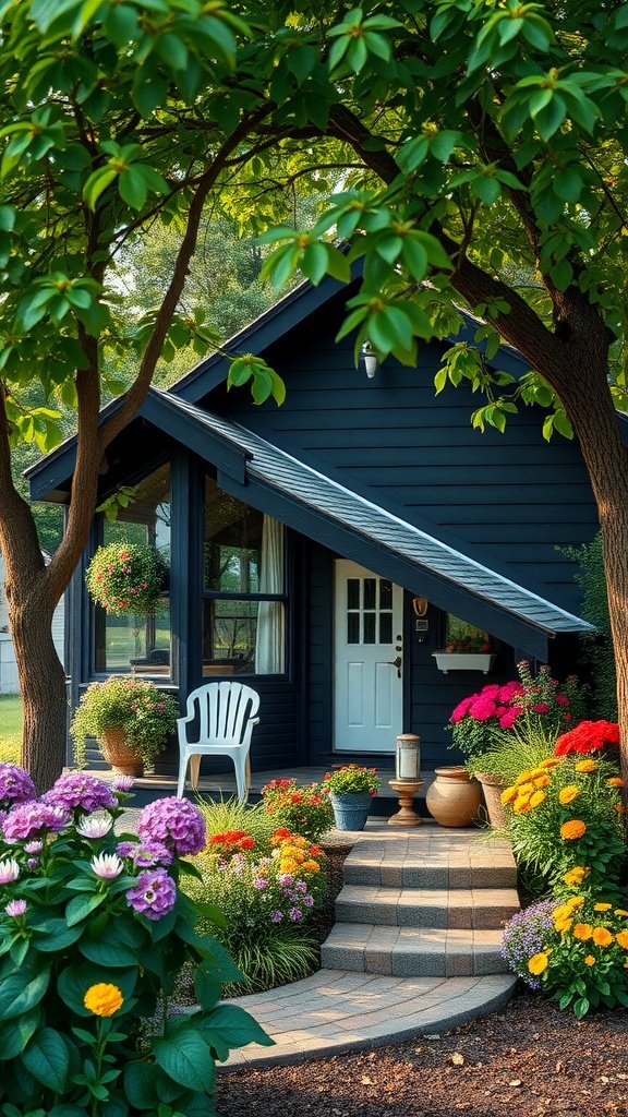 A charming black tiny house surrounded by colorful flowers and greenery.