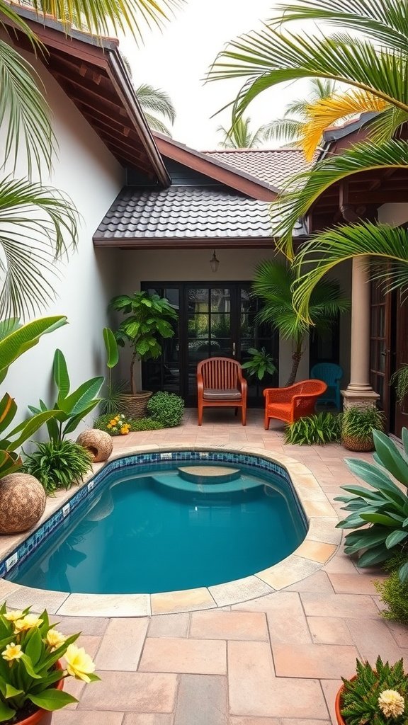 Cozy pool nook in a charming bungalow surrounded by tropical plants and colorful chairs