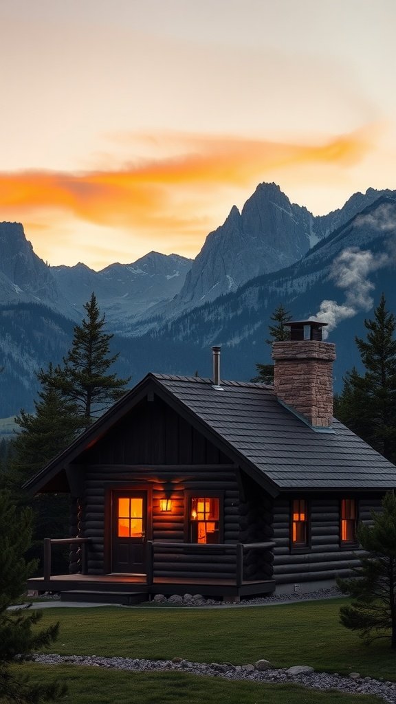 A cozy cabin surrounded by mountains at sunset with warm lights glowing from the windows.