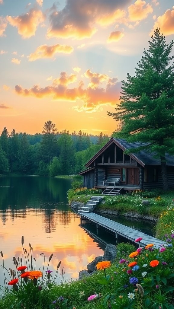 A cozy cabin by a serene lake with vibrant flowers in the foreground and a sunset in the background.