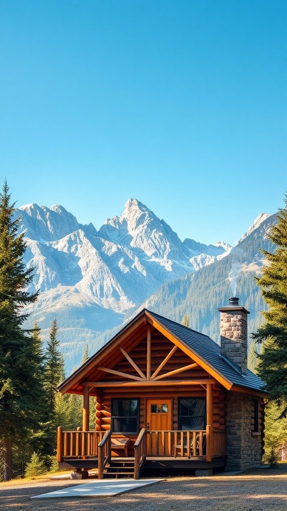 A rustic wooden cabin with a stone chimney surrounded by mountains and trees