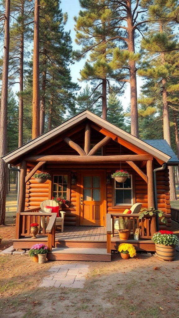 A cozy log cabin with a welcoming porch, surrounded by tall pine trees and colorful flowers.