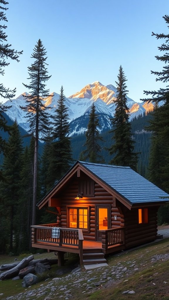 A cozy wooden cabin with a mountain view, surrounded by tall trees and a sunset sky
