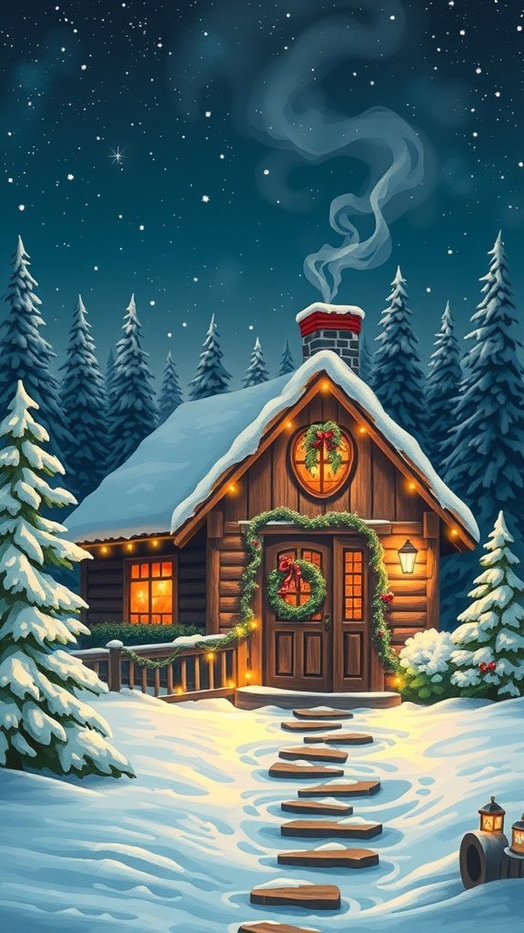 A charming Christmas cottage with snow, evergreen trees, and warm glowing lights.