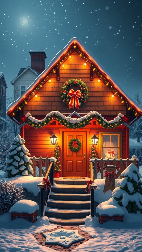 A charming Christmas house decorated with lights and a wreath, surrounded by snow.
