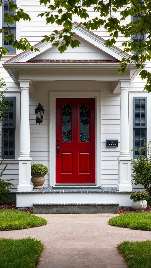 Charming Colonial home with a red front door and lush greenery