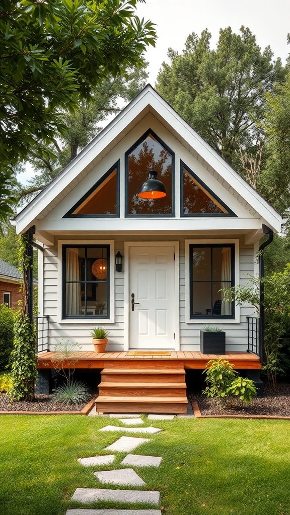 A charming small house with modern touches, featuring a wooden porch, large windows, and a stone pathway.
