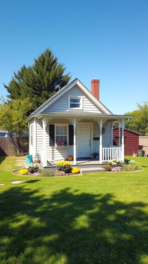 A charming compact cottage with a lush green lawn, surrounded by colorful flowerbeds and tall trees.