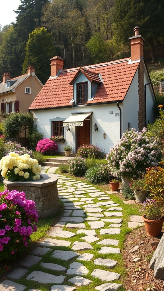 A charming cottage-style house on a hillside with a colorful garden and stone pathway.