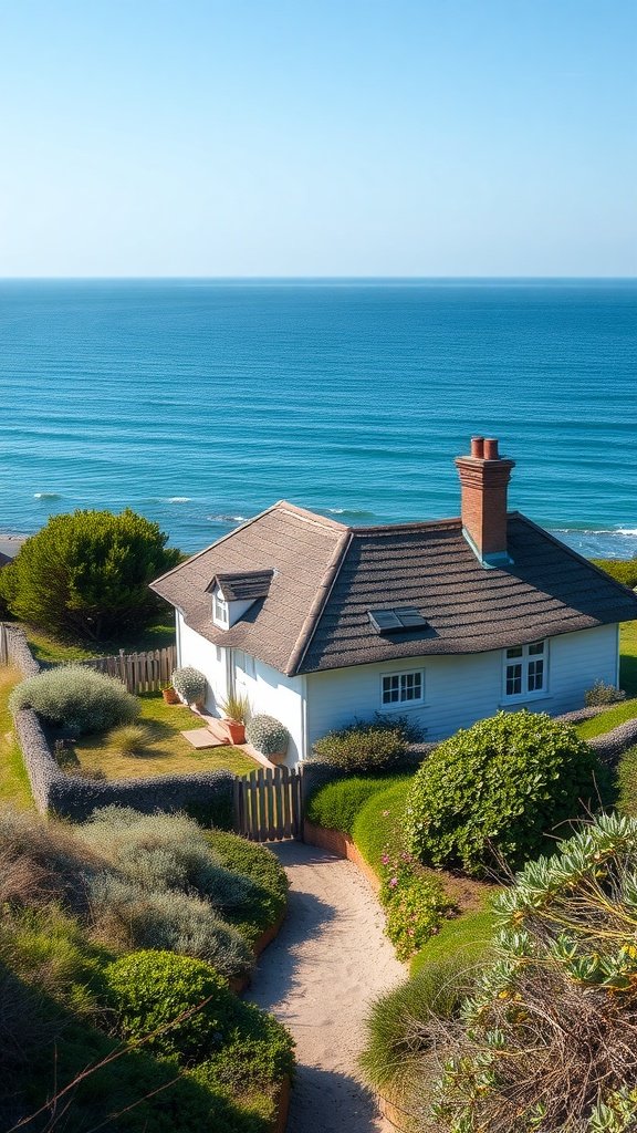 A charming white cottage by the seaside, surrounded by lush greenery and a clear blue ocean in the background.