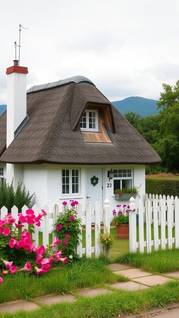 A charming white cottage with a thatched roof, surrounded by vibrant flowers and a picket fence.