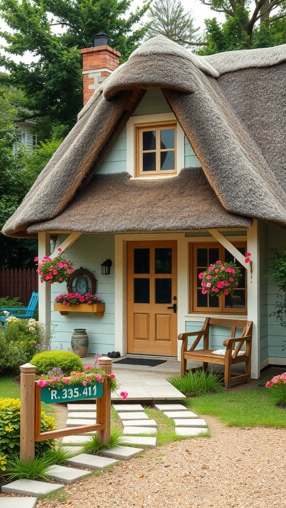A charming cottage with a thatched roof, wooden door, and colorful flower gardens.