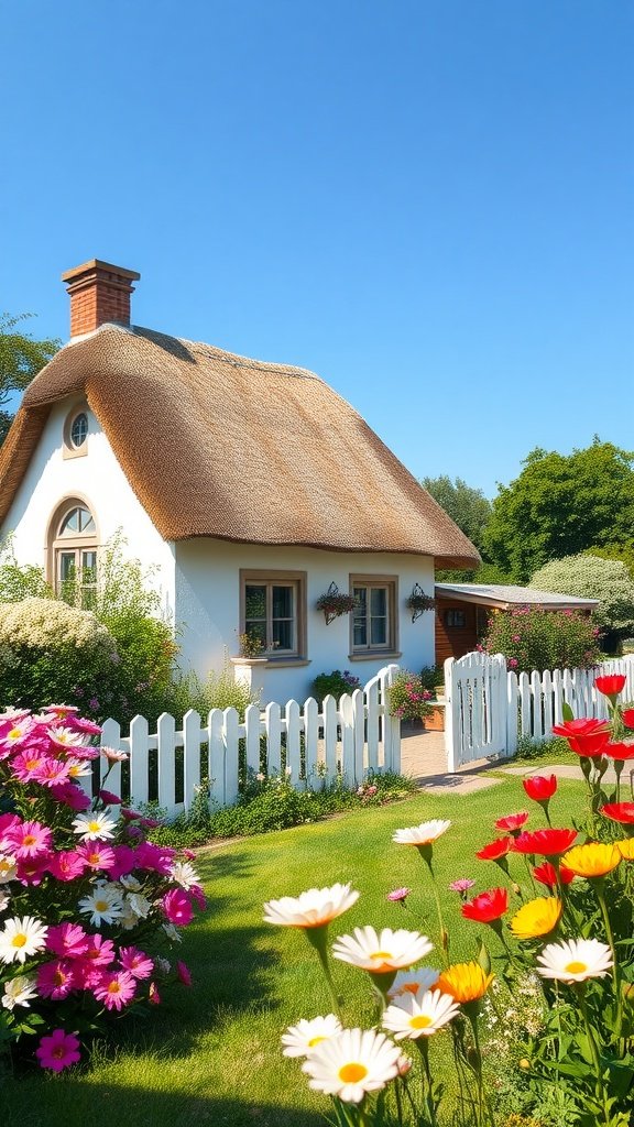 A charming cottage with a thatched roof, surrounded by colorful flowers and a white picket fence under a clear blue sky.