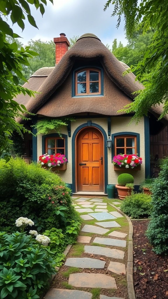 A cozy cottage with a thatched roof surrounded by greenery and colorful flowers.