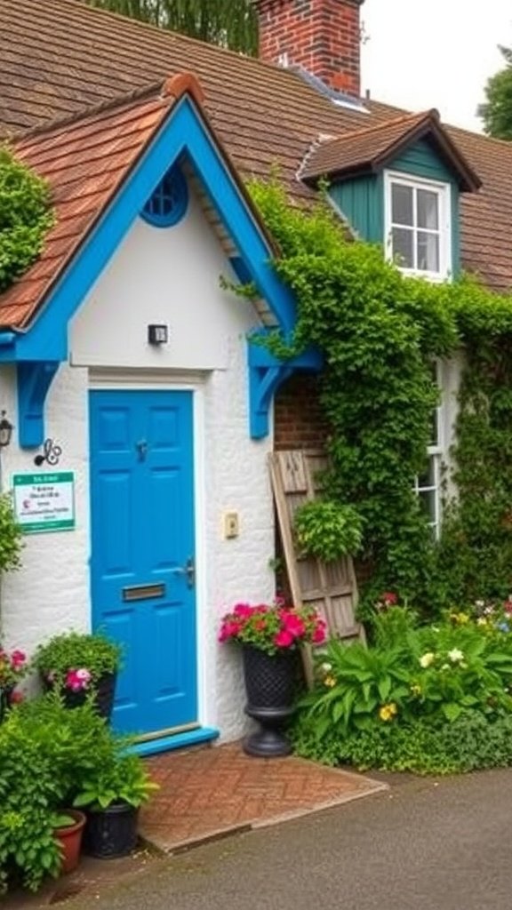 Charming cottage featuring a blue door, surrounded by greenery and colorful flowers.