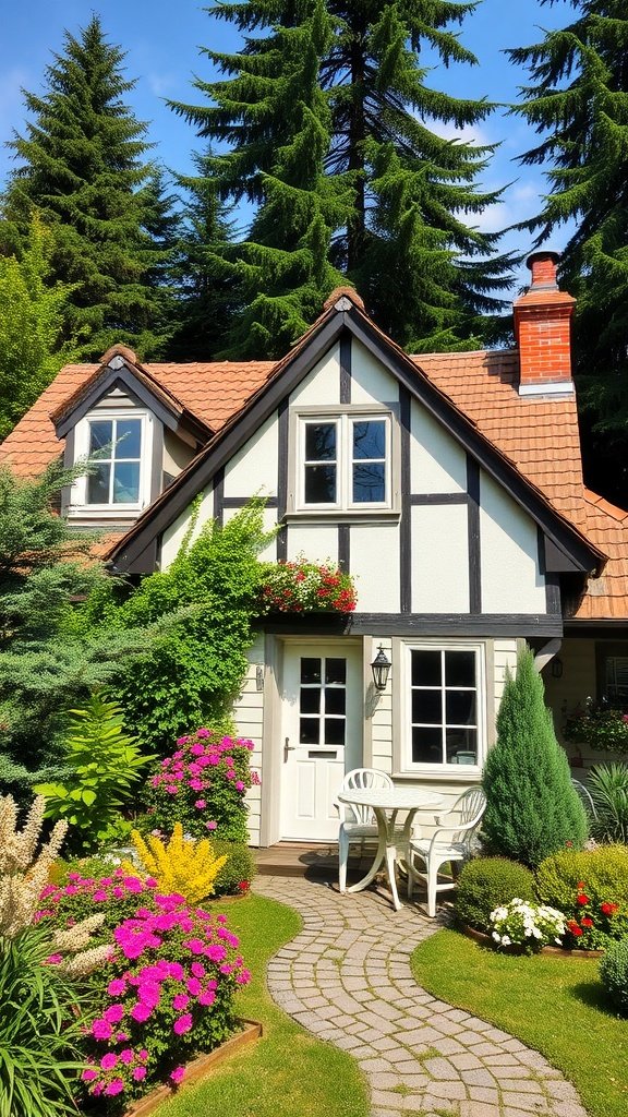 A charming cottage with a modern twist surrounded by lush greenery and colorful flowers