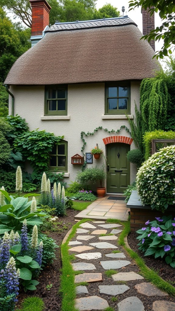 A charming cottage with a thatched roof and a stone pathway leading to a green door, surrounded by vibrant flowers and lush greenery.