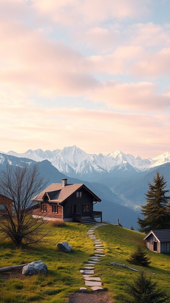 A cozy cottage on a hillside with a winding stone path, mountains in the background, and a serene winter landscape.