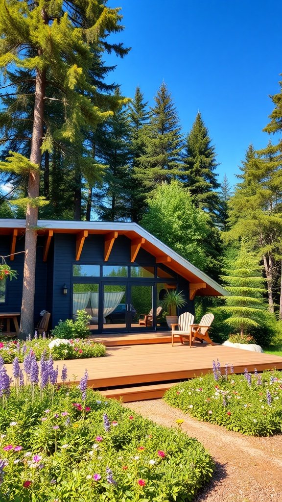 A charming cottage with modern design set in a lush green landscape, featuring a wooden deck and vibrant flowers.