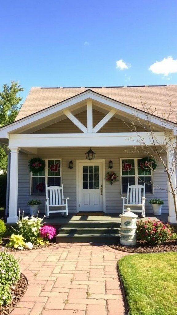 Charming country house with a beautiful front porch, featuring rocking chairs and flowerbeds