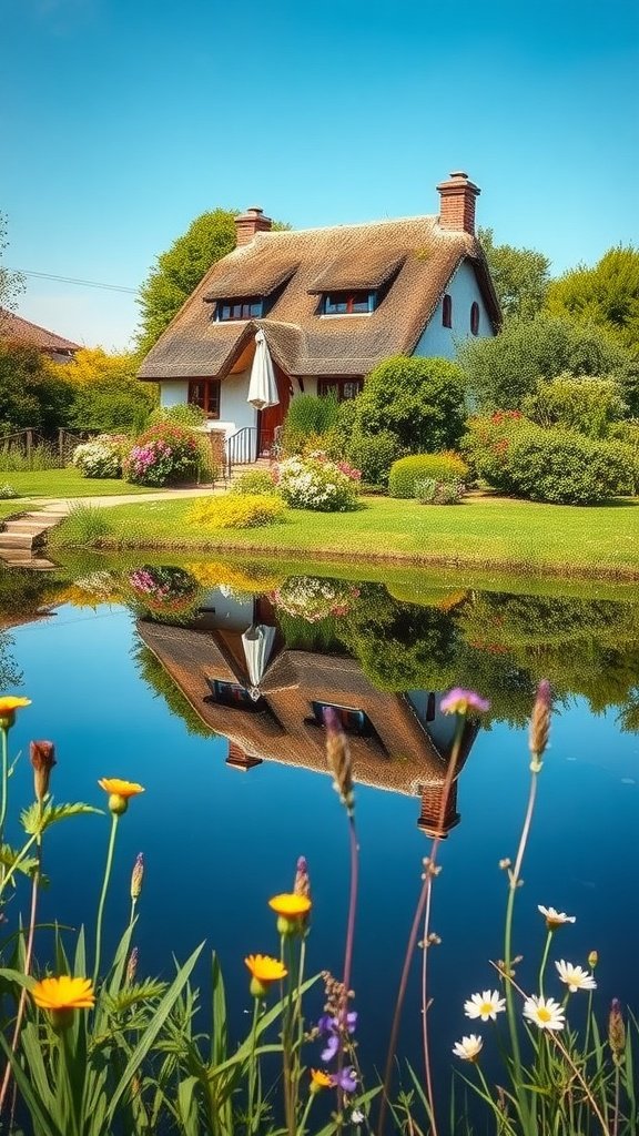Charming countryside home with a thatched roof, reflecting in a serene pond, surrounded by colorful flowers.