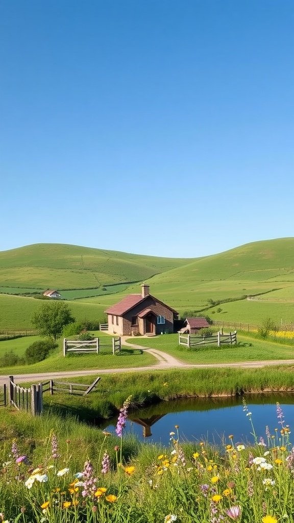 A charming countryside home surrounded by green hills and wildflowers