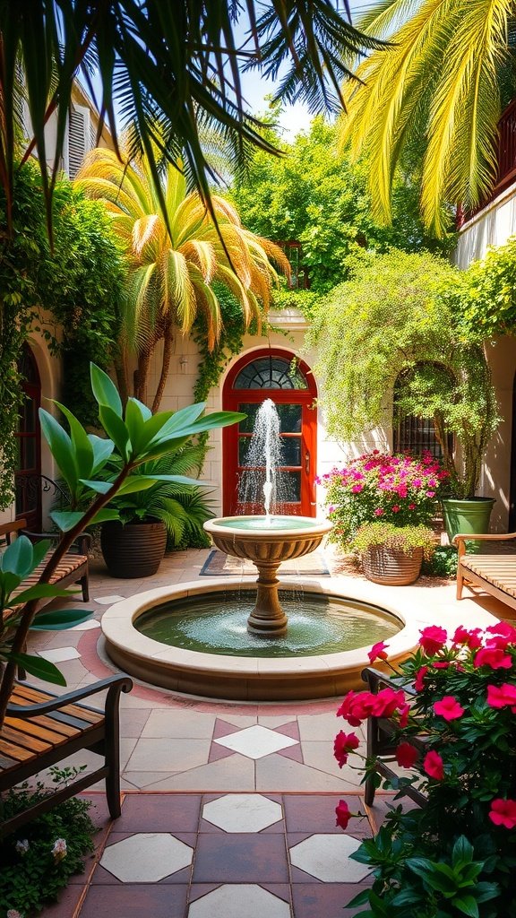 A serene courtyard with a bubbling fountain, surrounded by lush plants and colorful flowers.