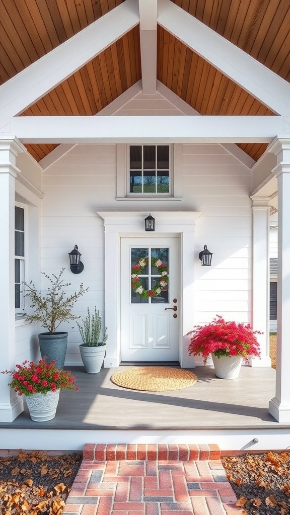 A charming Craftsman-style porch with white exterior, wooden ceiling, and vibrant flower pots.