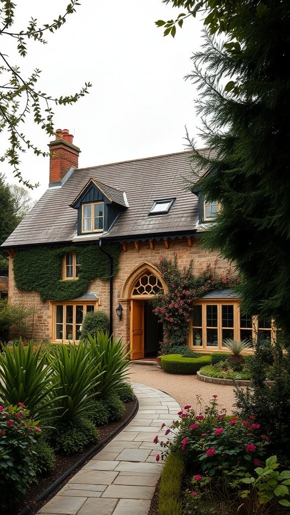 Charming English country house with stone exterior and lush garden