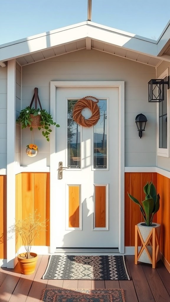 Charming entryway of a mid-century modern tiny house featuring a white door, wood accents, hanging plants, and a patterned rug.
