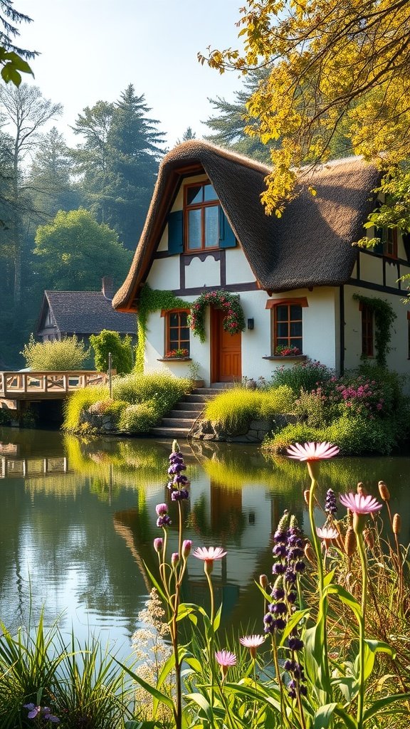 A charming European cottage by a pond with flowers in the foreground