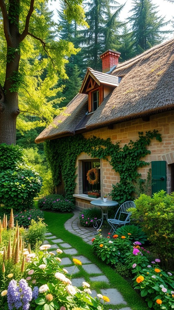 A charming European cottage surrounded by lush greenery and colorful flowers