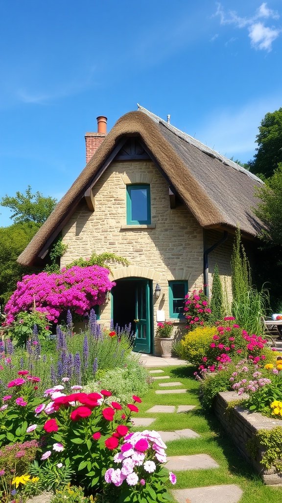 A charming European cottage with a thatched roof surrounded by blooming flowers and a stone pathway.