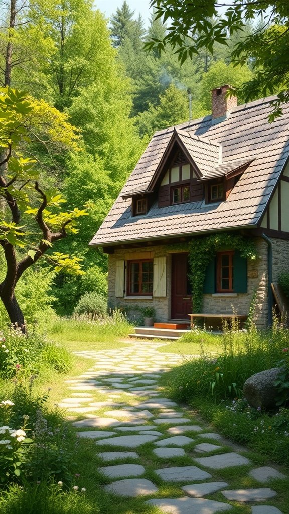 A charming European cottage surrounded by lush greenery and a stone pathway