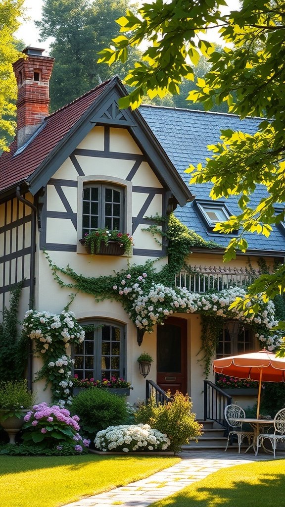 A charming European cottage surrounded by lush greenery and colorful flowers.