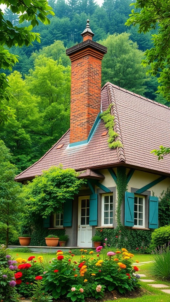 A charming European cottage with a brick chimney surrounded by lush greenery and colorful flowers.