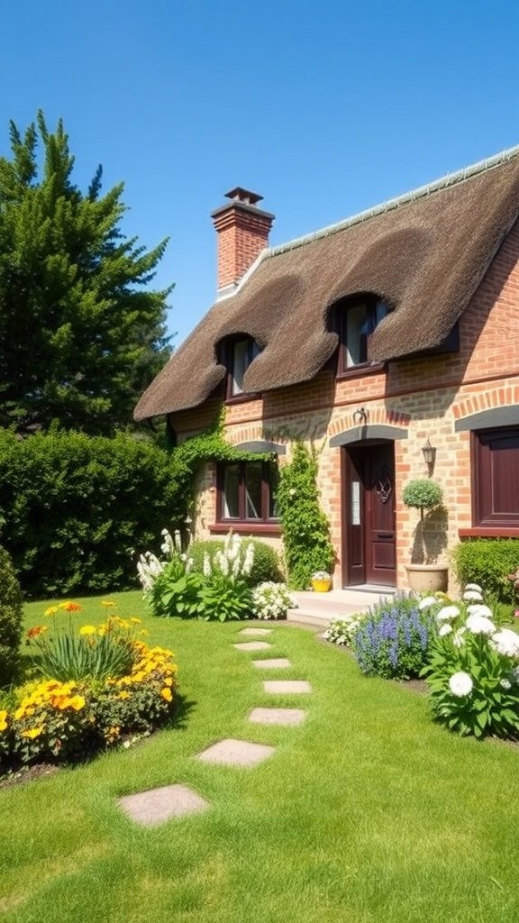Charming European cottage with brick and stone accents surrounded by vibrant flowers and greenery