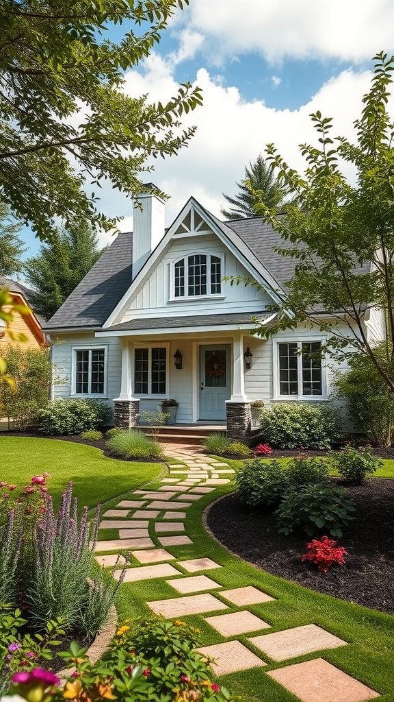 A charming modern cottage house with a light blue door and a stone pathway, surrounded by vibrant flowers and lush greenery.