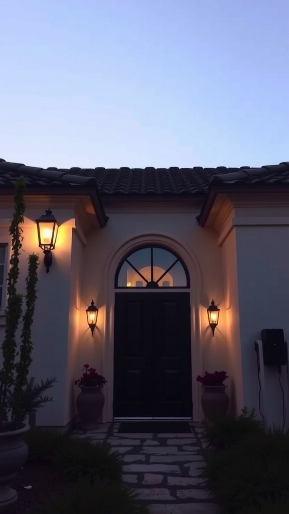 Exterior view of a Mediterranean home with charming lanterns illuminating the entrance.