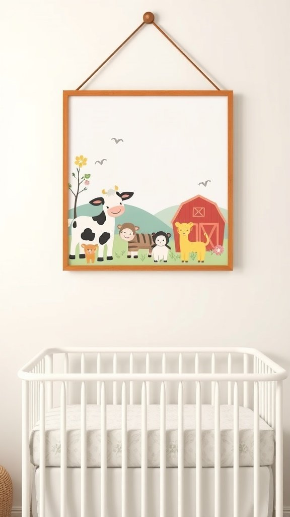 Illustration of farm animals including a cow, monkey, lion, and a barn, framed and hanging on a nursery wall above a white crib.