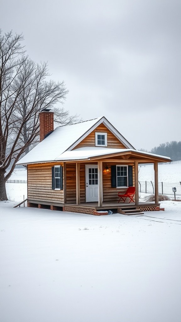 A charming farmhouse cabin in a snowy landscape with a porch and a red chair.