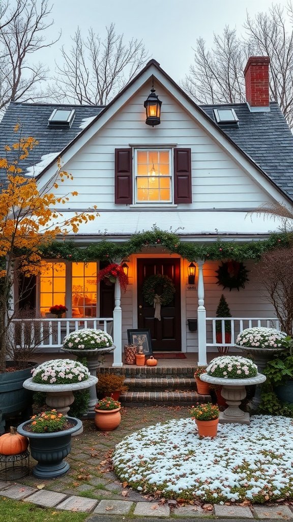 A charming farmhouse decorated for the season with warm lights, flower pots, pumpkins, and a wreath on the door.