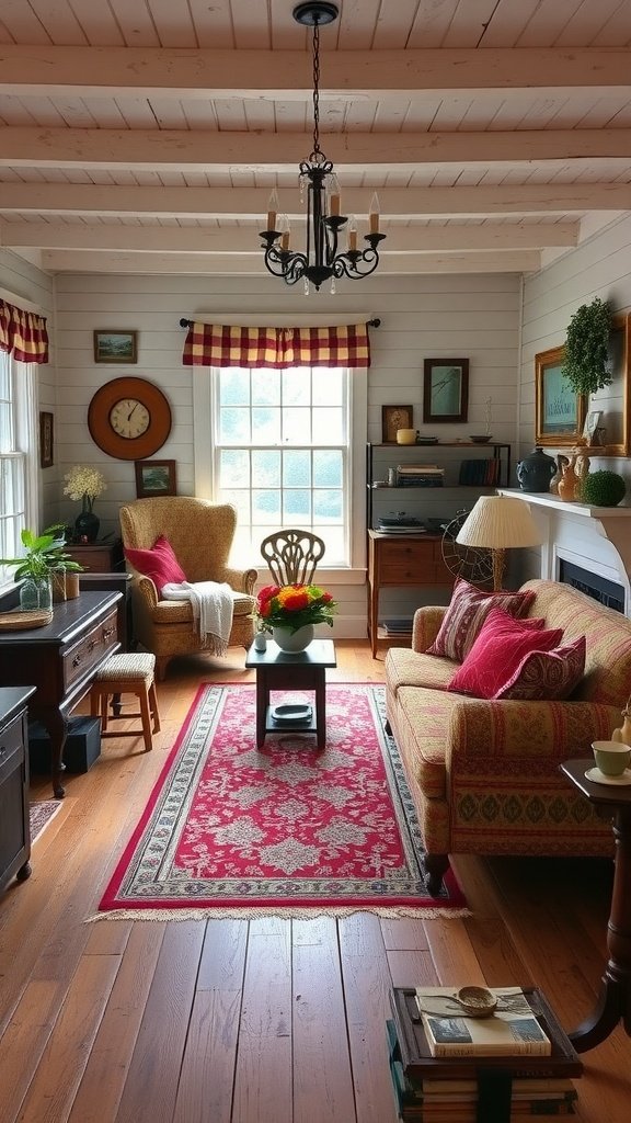 Cozy farmhouse living room with vintage decor, featuring a patterned rug, comfortable seating, and natural light.