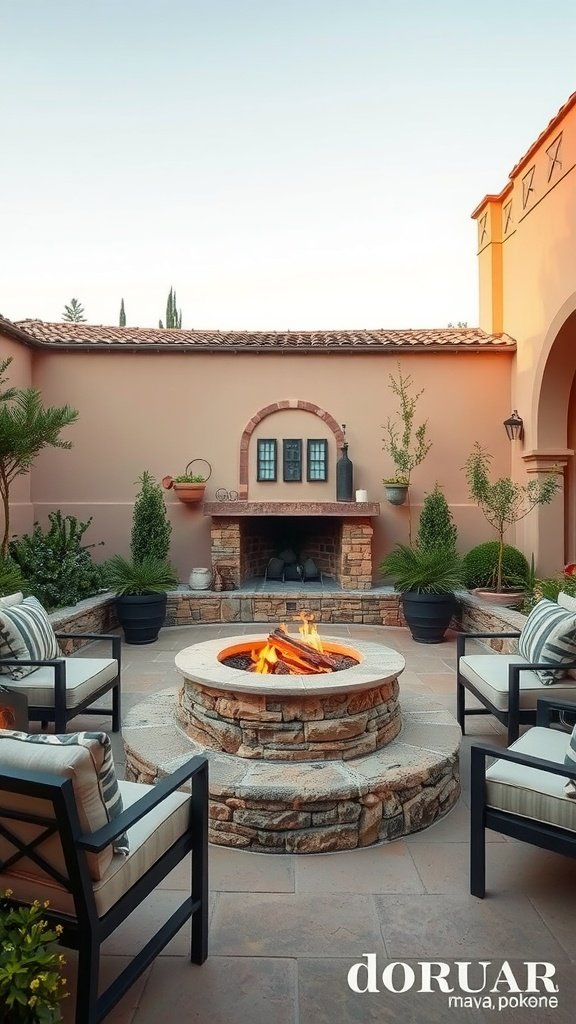 A cozy outdoor fire pit surrounded by comfortable seating, with greenery in the background.