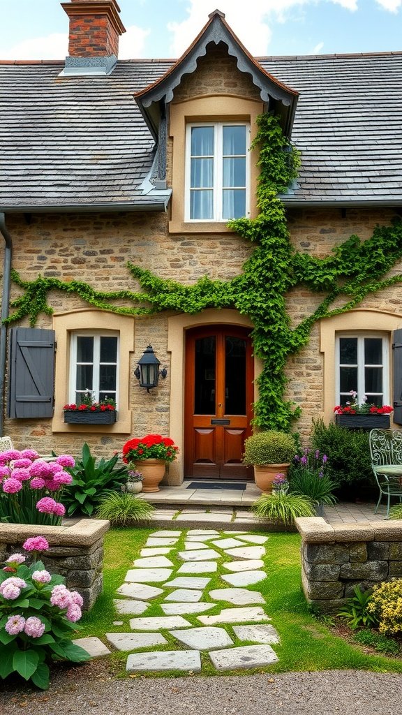Charming French country home with stone exterior, flower-filled garden, and a welcoming pathway.